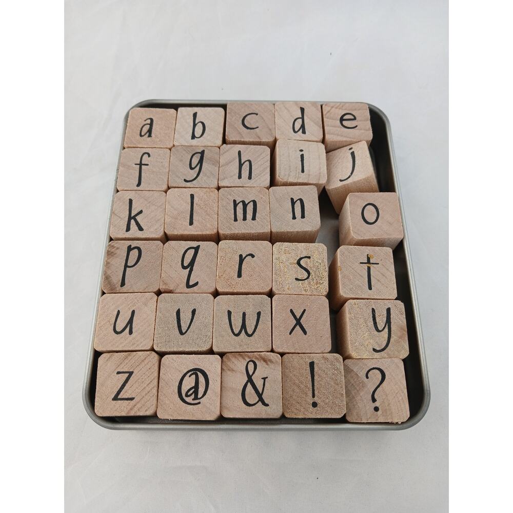 Alphabet Simple, sans-serif, handwritten style Rubber Stamps In Tin Box